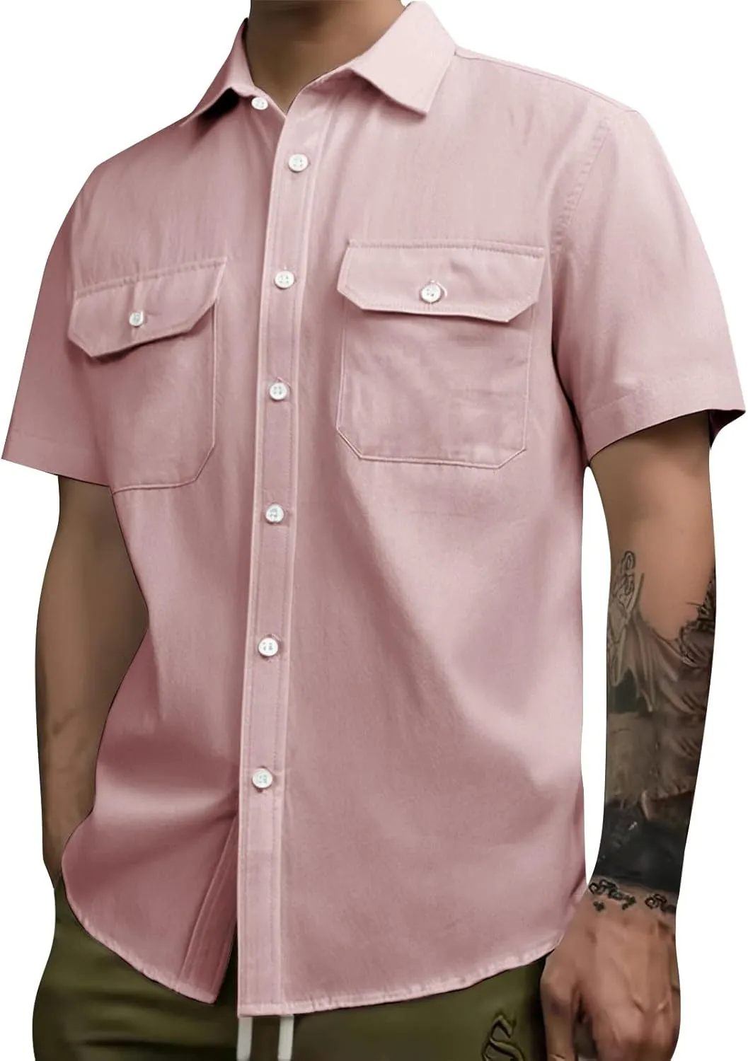 Mens Short Sleeve Cotton Tops Wrinkle Free Button Up Work Polo Shirt Causal Summer Beach Vacation Blouse with Pockets
