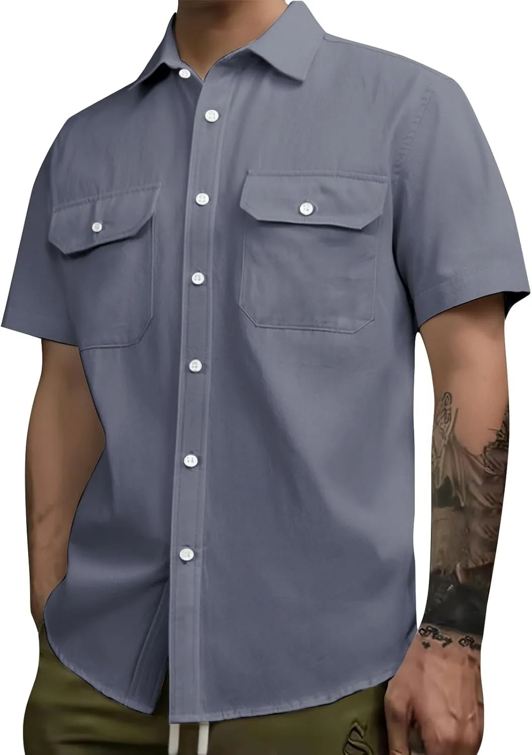 Mens Short Sleeve Cotton Tops Wrinkle Free Button Up Work Polo Shirt Causal Summer Beach Vacation Blouse with Pockets