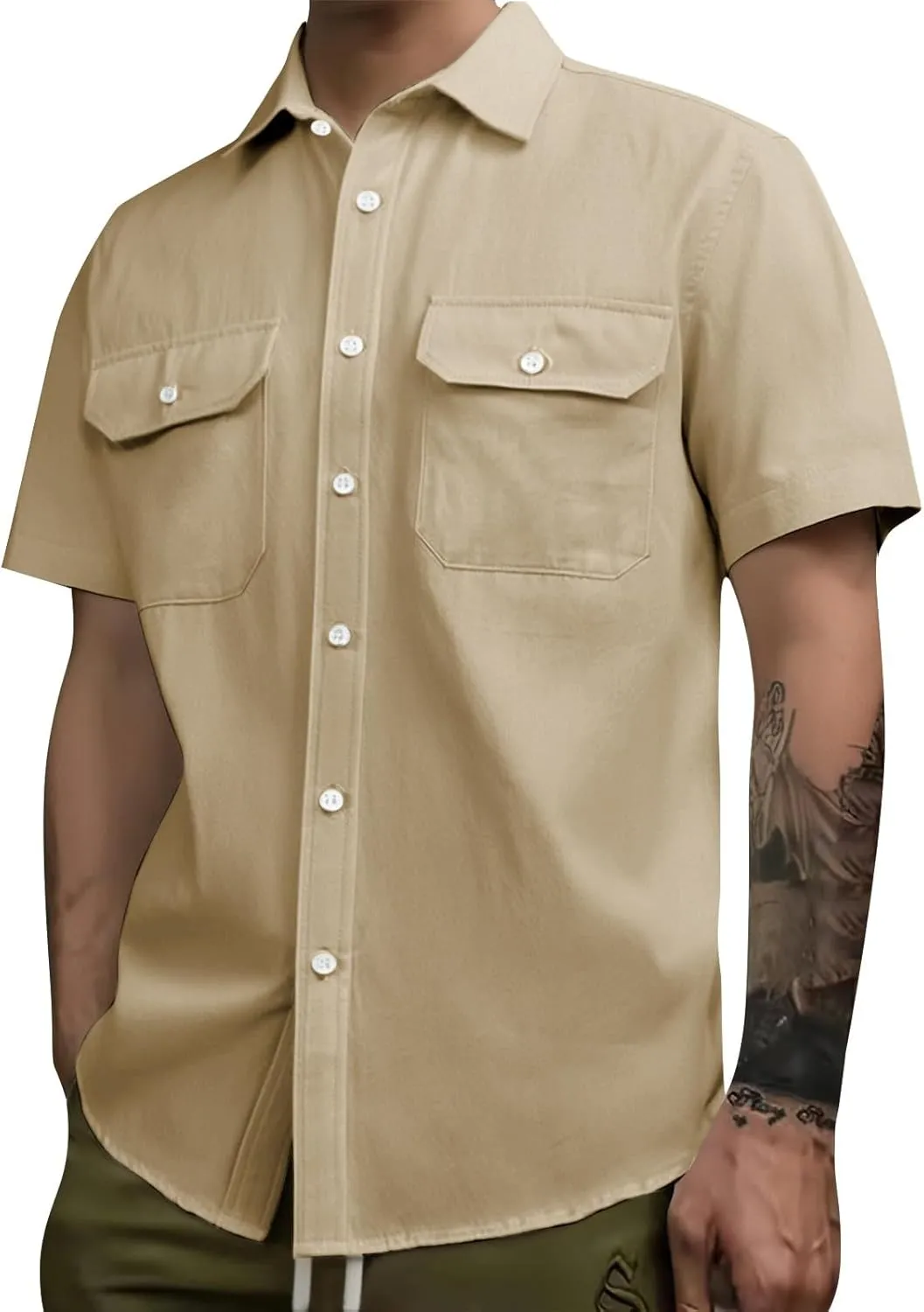 Mens Short Sleeve Cotton Tops Wrinkle Free Button Up Work Polo Shirt Causal Summer Beach Vacation Blouse with Pockets