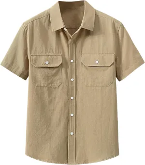 Mens Short Sleeve Cotton Tops Wrinkle Free Button Up Work Polo Shirt Causal Summer Beach Vacation Blouse with Pockets