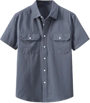 Mens Short Sleeve Cotton Tops Wrinkle Free Button Up Work Polo Shirt Causal Summer Beach Vacation Blouse with Pockets