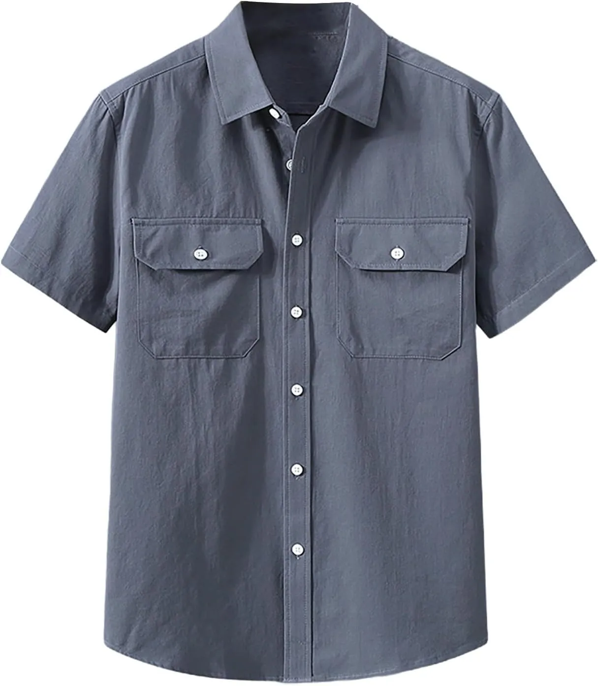 Mens Short Sleeve Cotton Tops Wrinkle Free Button Up Work Polo Shirt Causal Summer Beach Vacation Blouse with Pockets