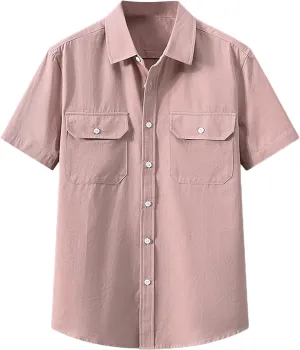 Mens Short Sleeve Cotton Tops Wrinkle Free Button Up Work Polo Shirt Causal Summer Beach Vacation Blouse with Pockets
