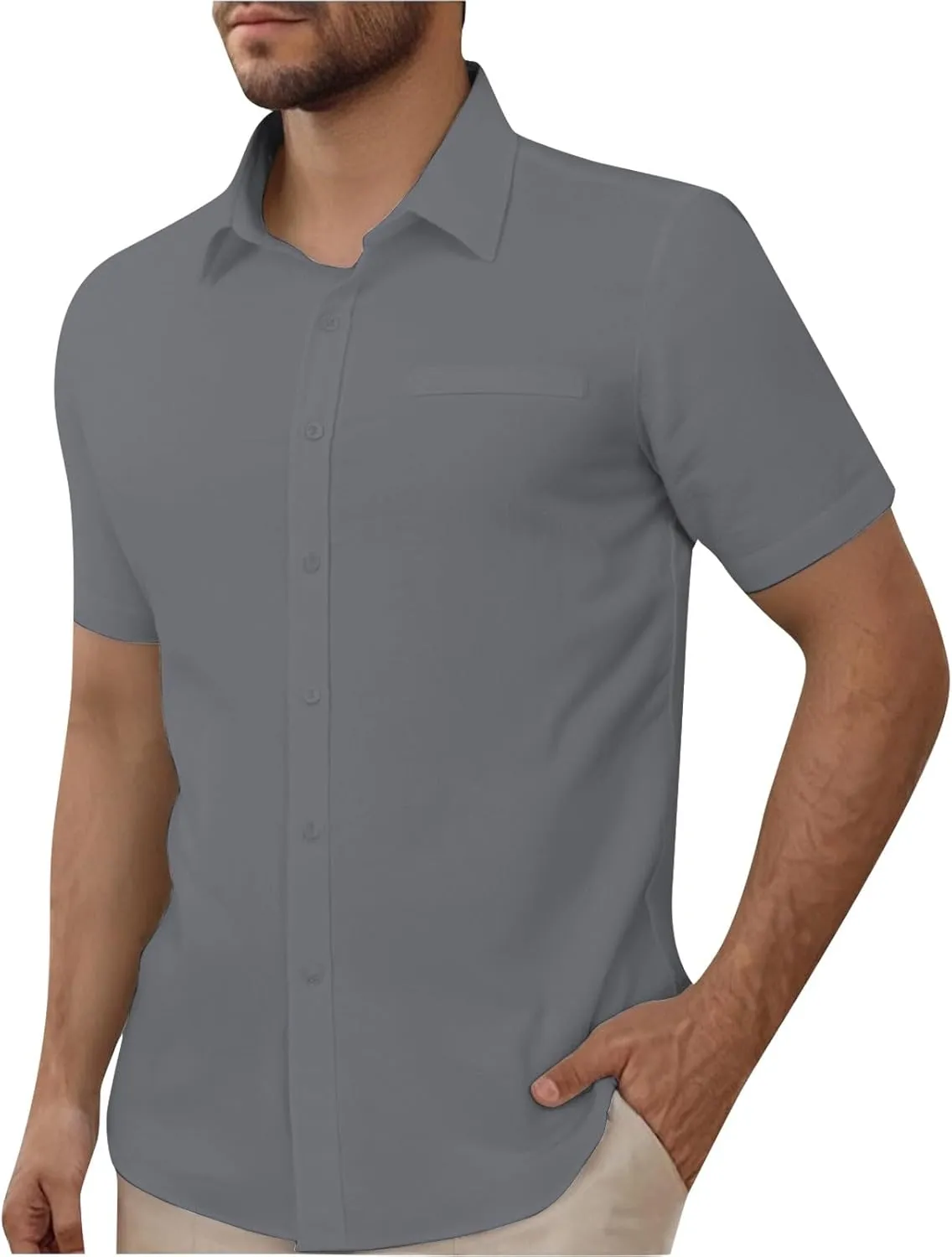 Mens Short Sleeve Dress Shirt Wrinkle Free Solid Casual Lapel Button Down Blouse Summer Beach Business Wedding Shirts