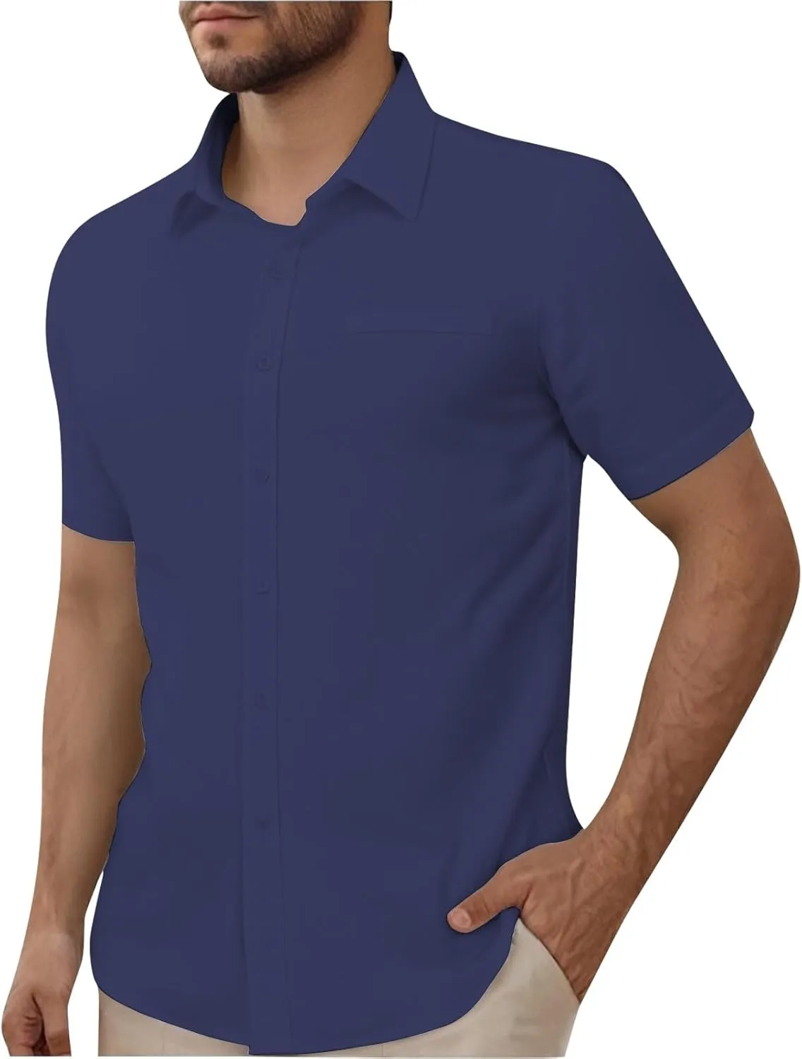 Mens Short Sleeve Dress Shirt Wrinkle Free Solid Casual Lapel Button Down Blouse Summer Beach Business Wedding Shirts