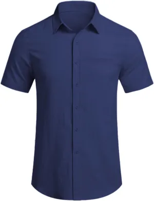 Mens Short Sleeve Dress Shirt Wrinkle Free Solid Casual Lapel Button Down Blouse Summer Beach Business Wedding Shirts