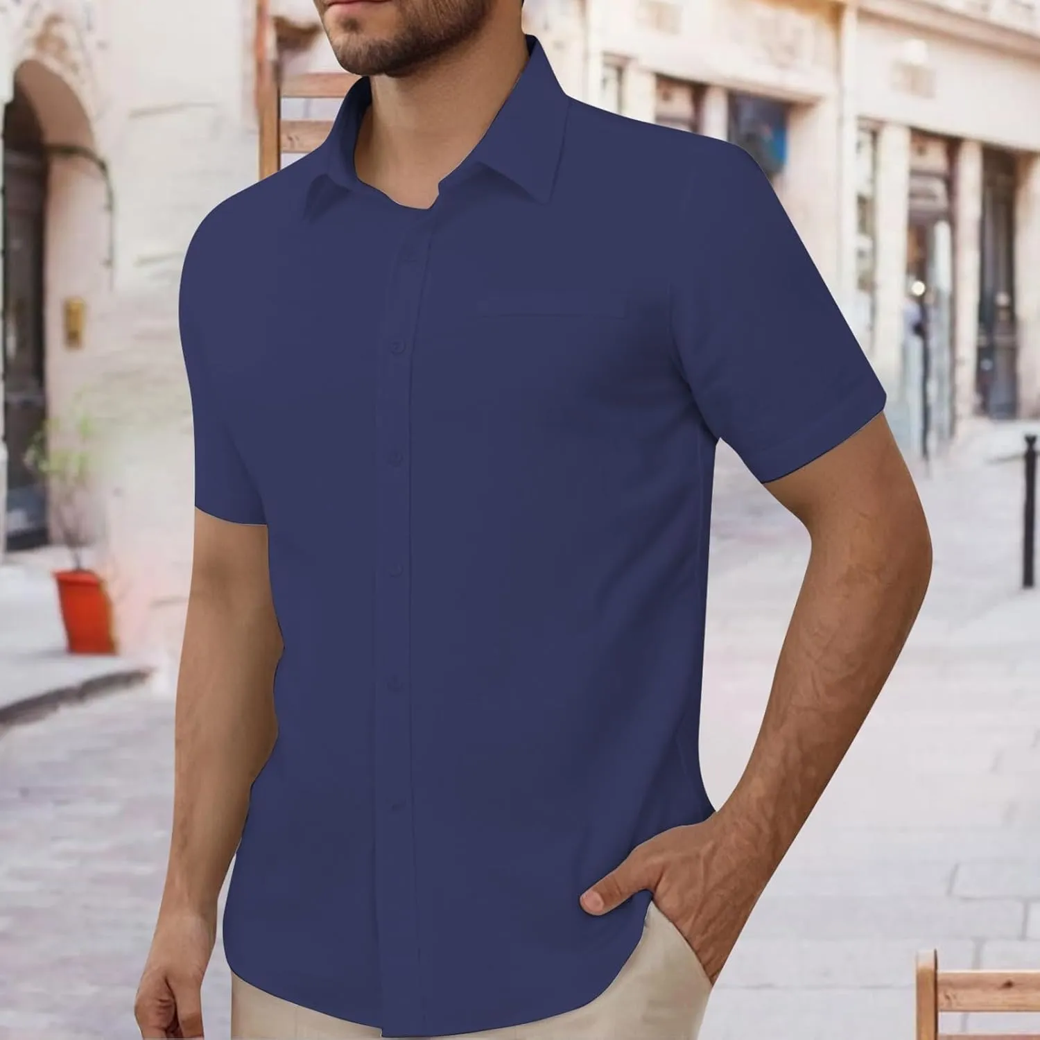 Mens Short Sleeve Dress Shirt Wrinkle Free Solid Casual Lapel Button Down Blouse Summer Beach Business Wedding Shirts