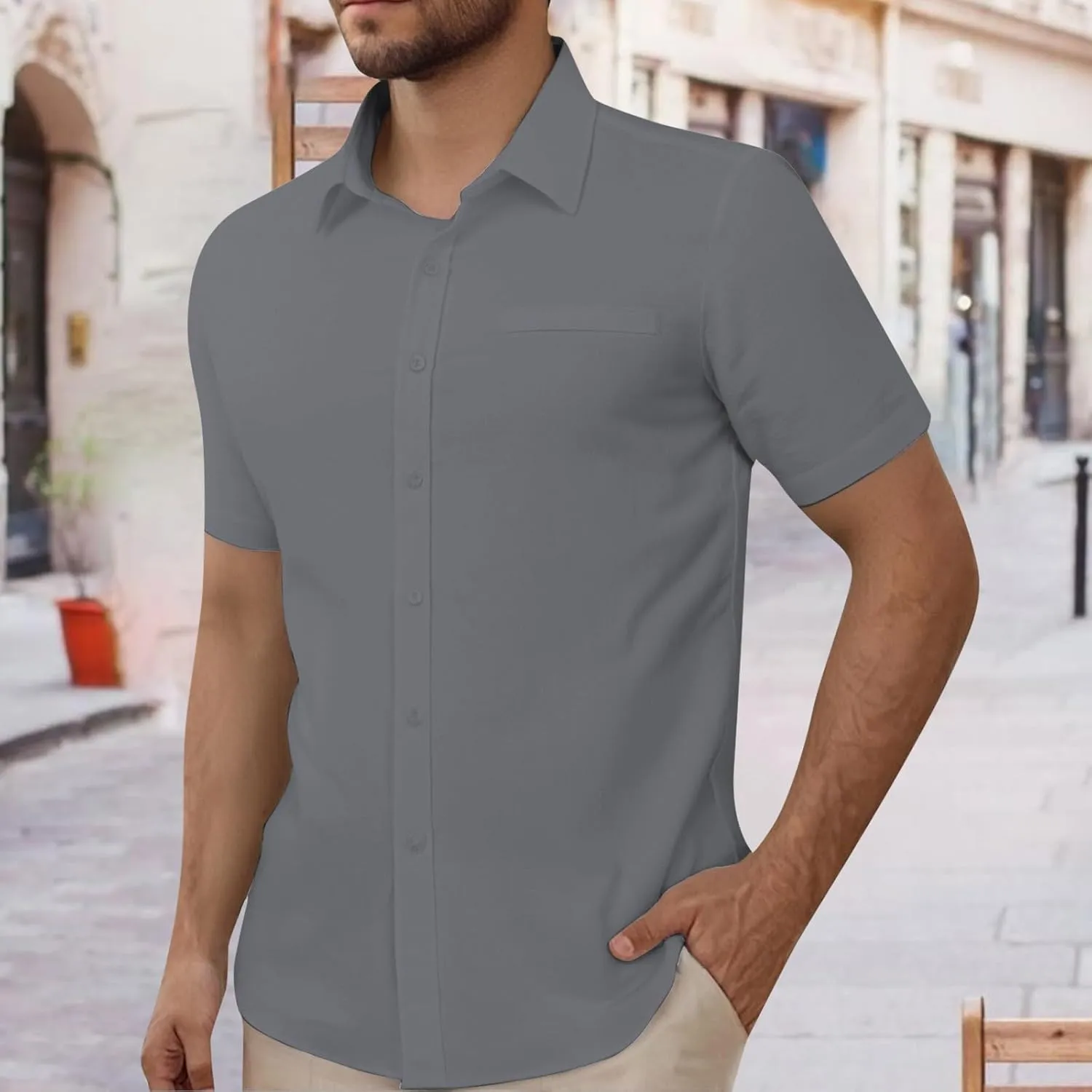 Mens Short Sleeve Dress Shirt Wrinkle Free Solid Casual Lapel Button Down Blouse Summer Beach Business Wedding Shirts