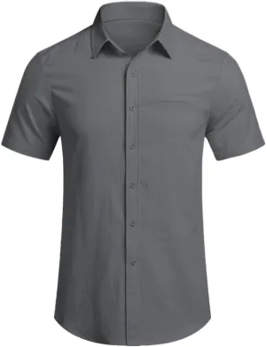 Mens Short Sleeve Dress Shirt Wrinkle Free Solid Casual Lapel Button Down Blouse Summer Beach Business Wedding Shirts
