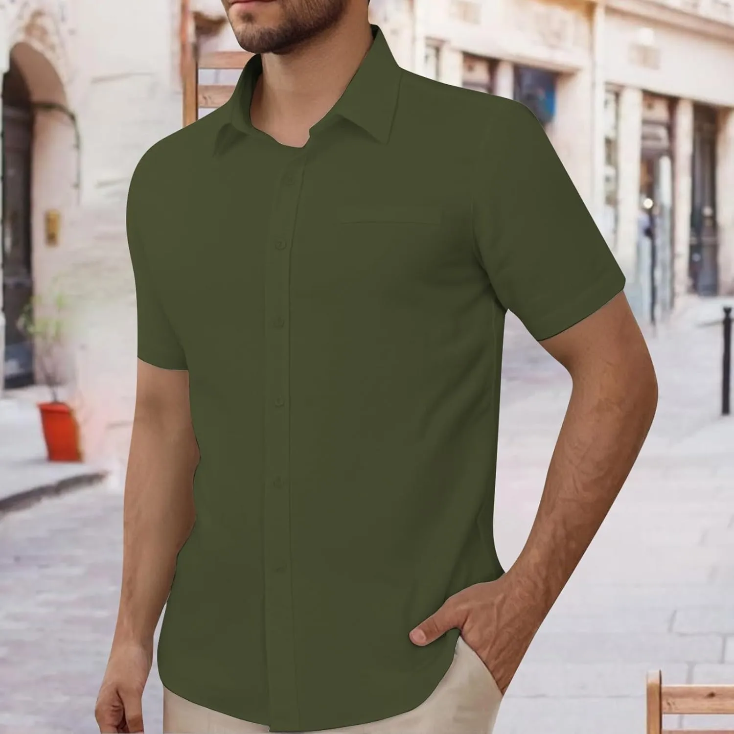Mens Short Sleeve Dress Shirt Wrinkle Free Solid Casual Lapel Button Down Blouse Summer Beach Business Wedding Shirts
