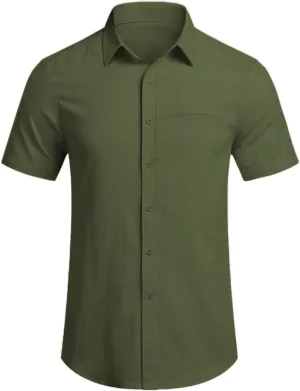 Mens Short Sleeve Dress Shirt Wrinkle Free Solid Casual Lapel Button Down Blouse Summer Beach Business Wedding Shirts
