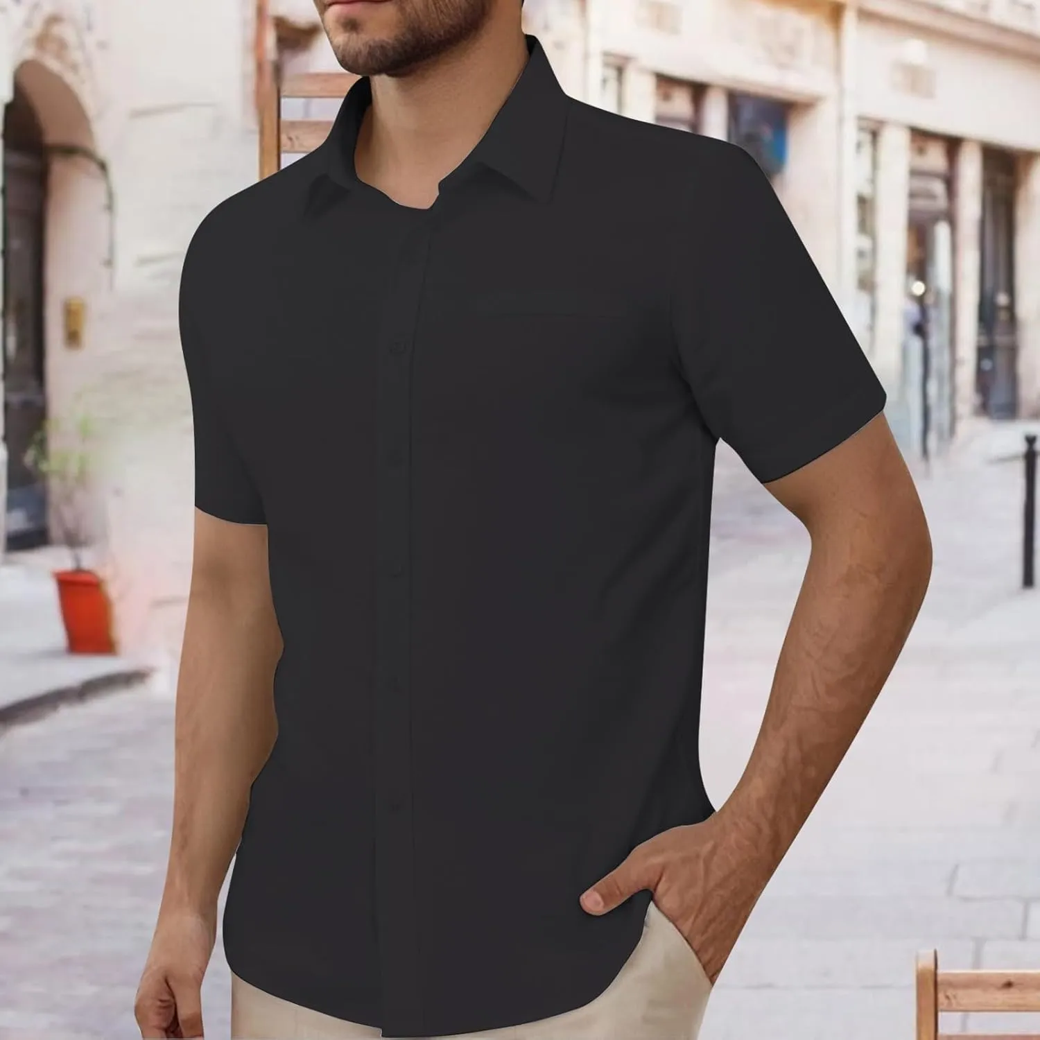 Mens Short Sleeve Dress Shirt Wrinkle Free Solid Casual Lapel Button Down Blouse Summer Beach Business Wedding Shirts