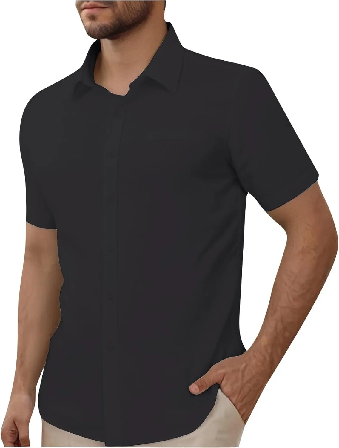 Mens Short Sleeve Dress Shirt Wrinkle Free Solid Casual Lapel Button Down Blouse Summer Beach Business Wedding Shirts