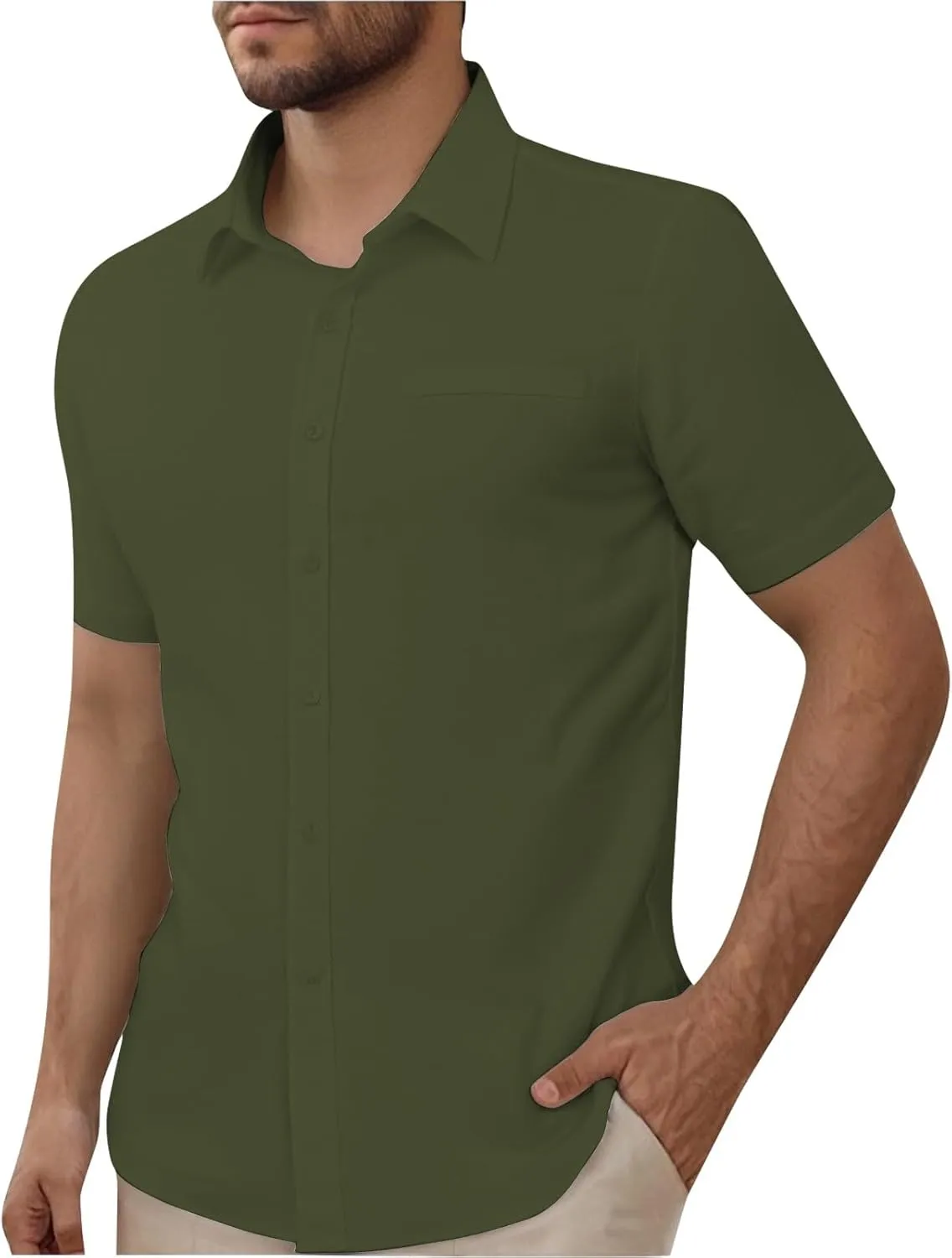 Mens Short Sleeve Dress Shirt Wrinkle Free Solid Casual Lapel Button Down Blouse Summer Beach Business Wedding Shirts