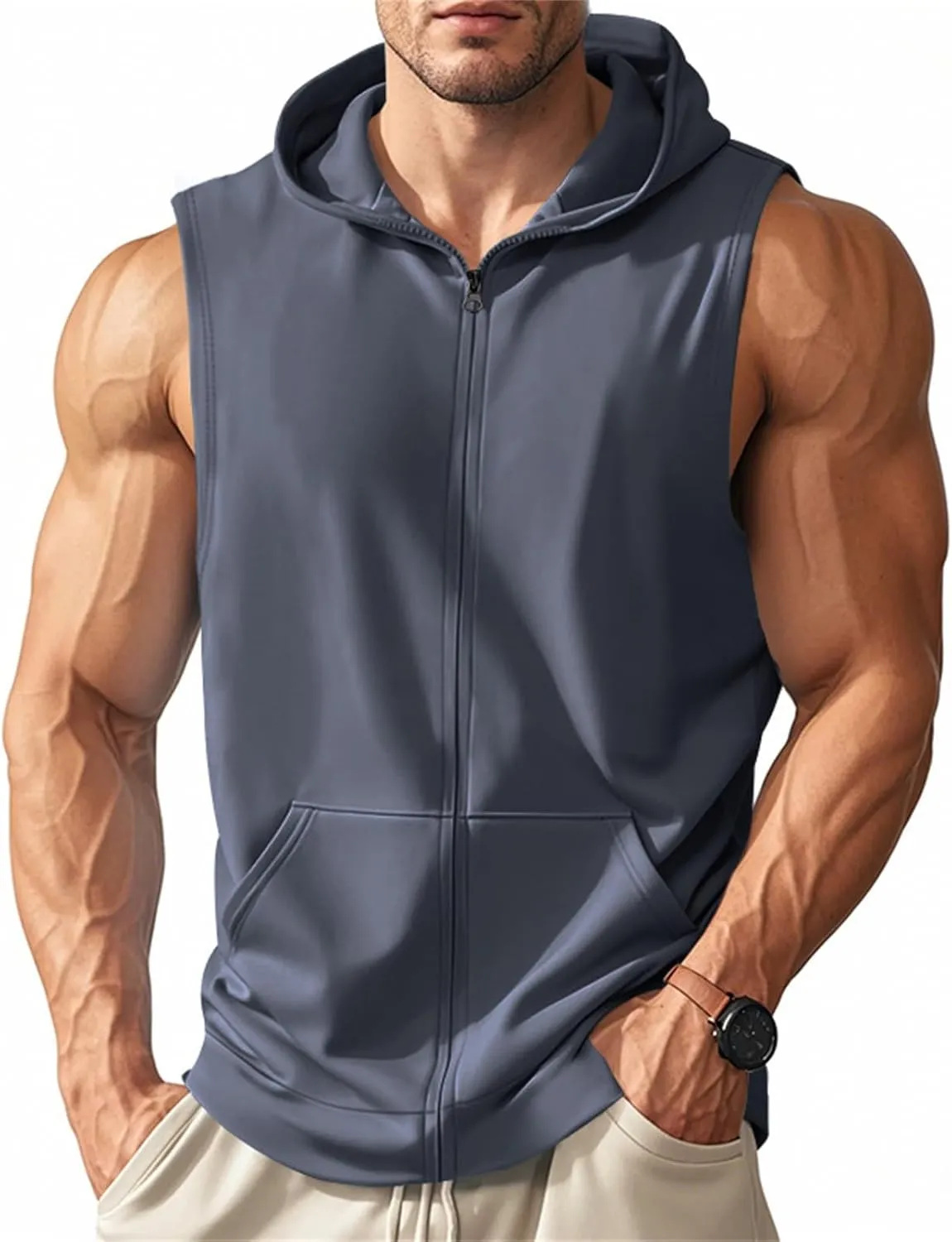 Mens Sleeveless Hooded Tank Tops Workout Zip Up Gym Fitness Training Shirts Muscle Cut Off T Shirt Bodybuilding Vests