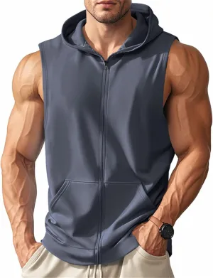 Mens Sleeveless Hooded Tank Tops Workout Zip Up Gym Fitness Training Shirts Muscle Cut Off T Shirt Bodybuilding Vests