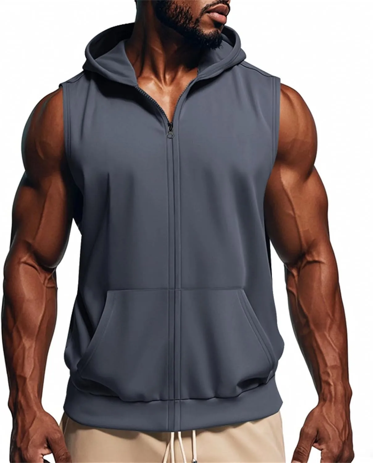 Mens Sleeveless Hooded Tank Tops Workout Zip Up Gym Fitness Training Shirts Muscle Cut Off T Shirt Bodybuilding Vests