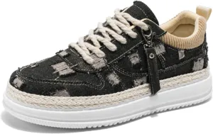 Men's Vintage Distressed Denim Skate Shoes with Metal & Rope Lace-Up Breathable Mesh Lining Platform Sneakers Non-Slip Rubber Sole for Casual Walking Outdoor Activities