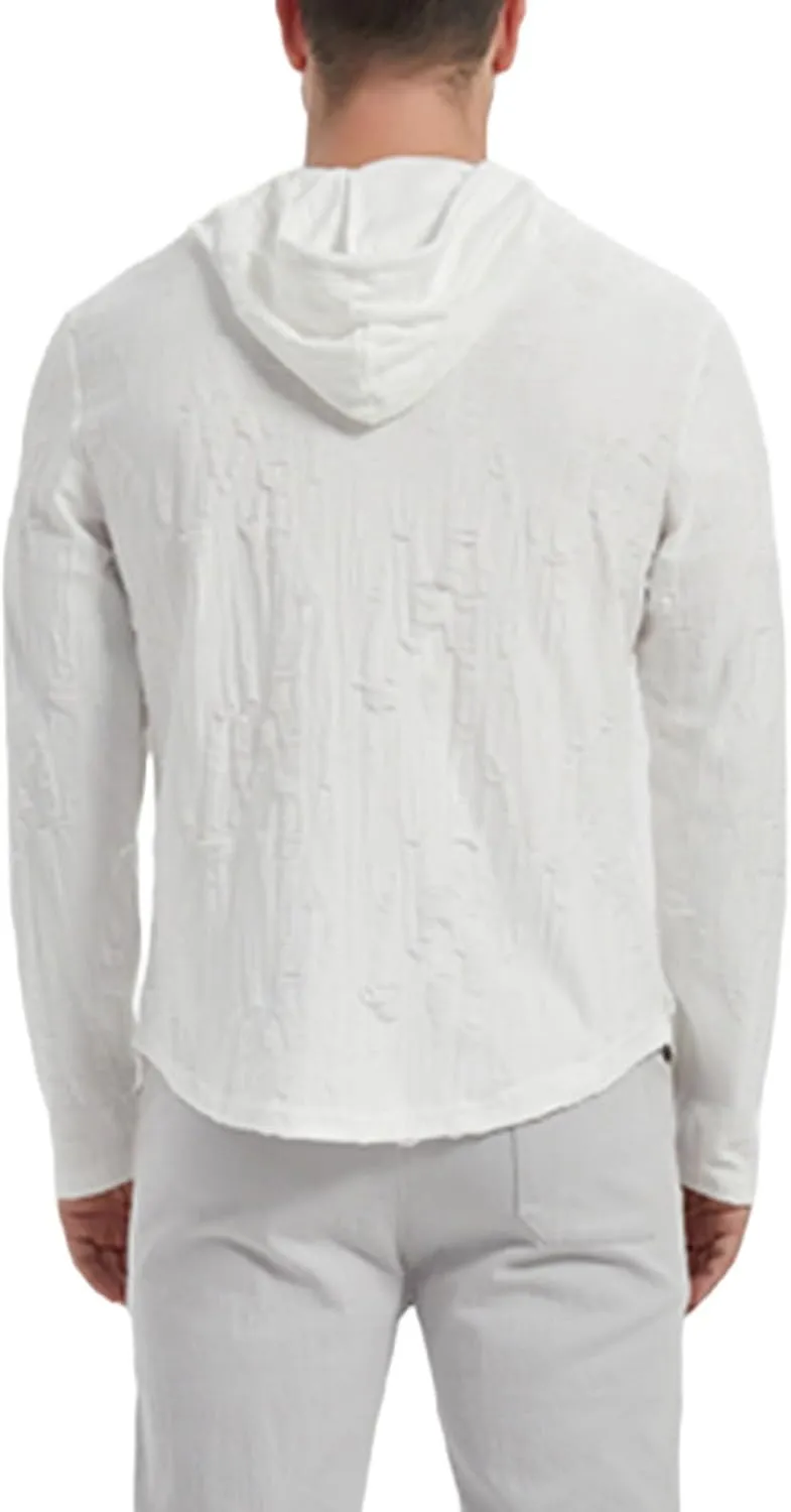 Mens Vintage Ripped Hoodies Summer Long Sleeve Casual Lightweight Button Up Hooded Tops Loose Beach Vacation Pullover