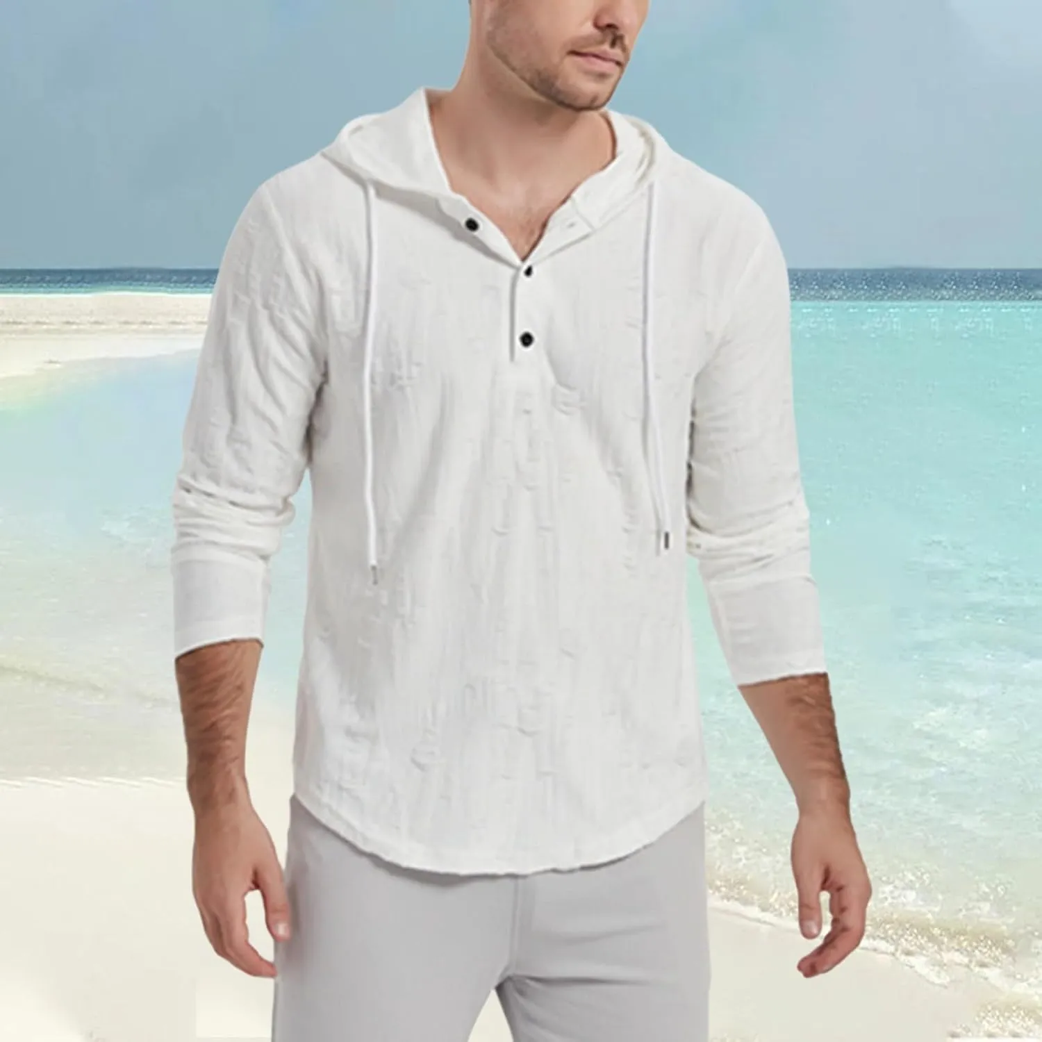 Mens Vintage Ripped Hoodies Summer Long Sleeve Casual Lightweight Button Up Hooded Tops Loose Beach Vacation Pullover