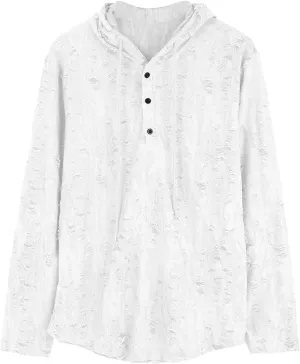 Mens Vintage Ripped Hoodies Summer Long Sleeve Casual Lightweight Button Up Hooded Tops Loose Beach Vacation Pullover