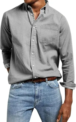 Mens Vintage Washed Shirts Casual Long Sleeve Button Down Tunic Tops Classic Lapel Solid Colors Shirts for Business