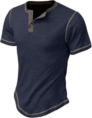 Men's Waffle Henley Shirts Quarter Button Short Sleeve Breathable T Shirts Summer Casual Basic Color Block Tunic Tops