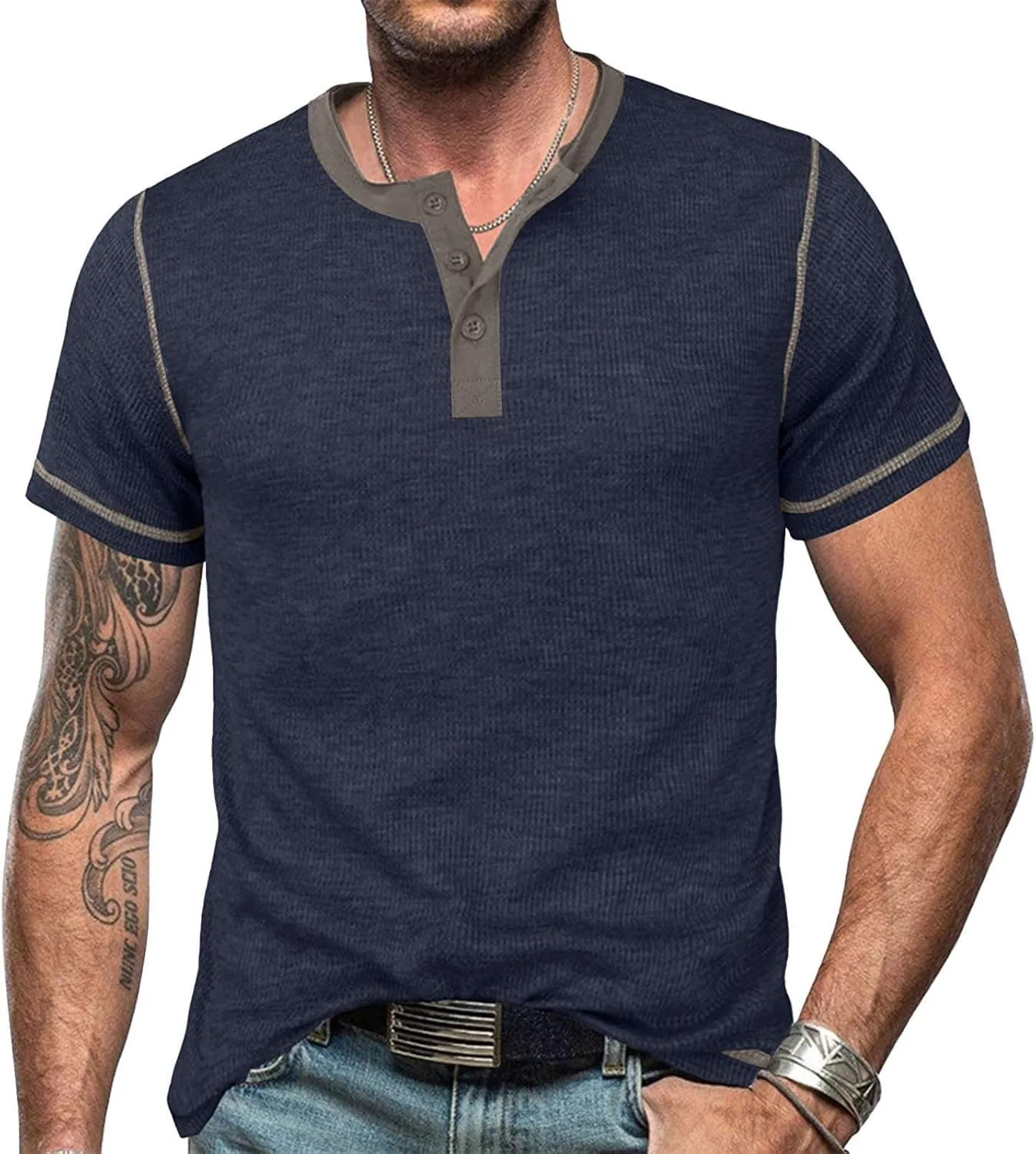 Men's Waffle Henley Shirts Quarter Button Short Sleeve Breathable T Shirts Summer Casual Basic Color Block Tunic Tops