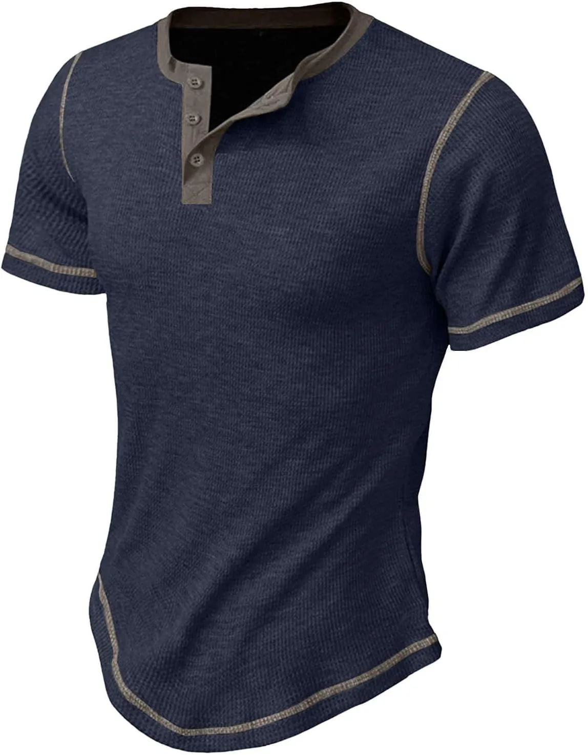 Men's Waffle Henley Shirts Quarter Button Short Sleeve Breathable T Shirts Summer Casual Basic Color Block Tunic Tops