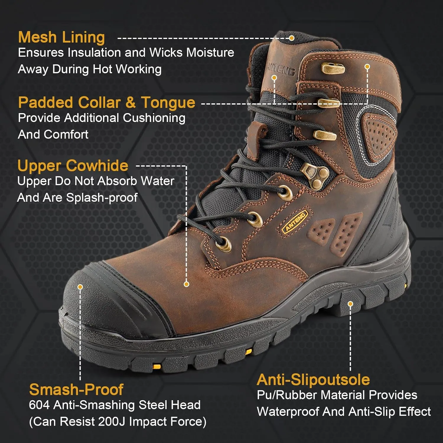 Men's Work Boots, Oiled Nubuck Leather Steel Toes Mens Work Shoes, Non Slip Lace Up Protective Shoes, 8 Inch, Anti-Static, Anti-Puncturing, Anti-Fatigue (AT505, Brown)