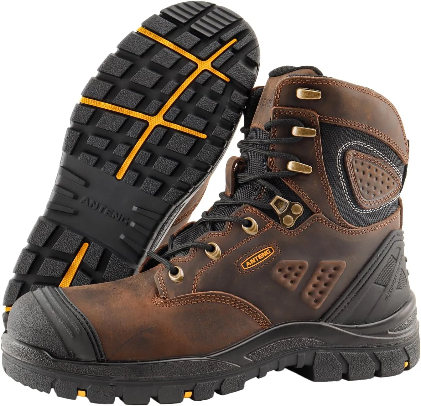Men's Work Boots, Oiled Nubuck Leather Steel Toes Mens Work Shoes, Non Slip Lace Up Protective Shoes, 8 Inch, Anti-Static, Anti-Puncturing, Anti-Fatigue (AT505, Brown)