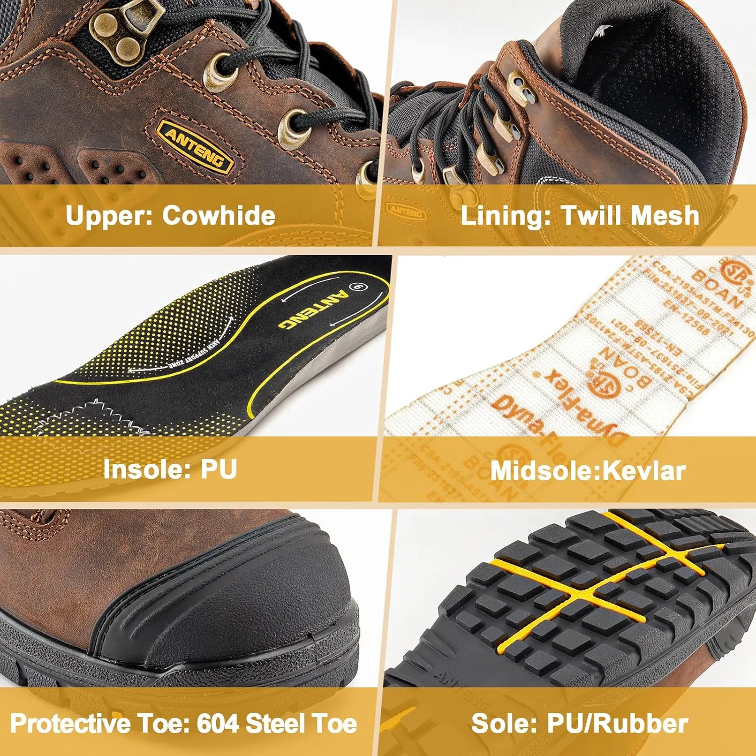 Men's Work Boots, Oiled Nubuck Leather Steel Toes Mens Work Shoes, Non Slip Lace Up Protective Shoes, 8 Inch, Anti-Static, Anti-Puncturing, Anti-Fatigue (AT505, Brown)