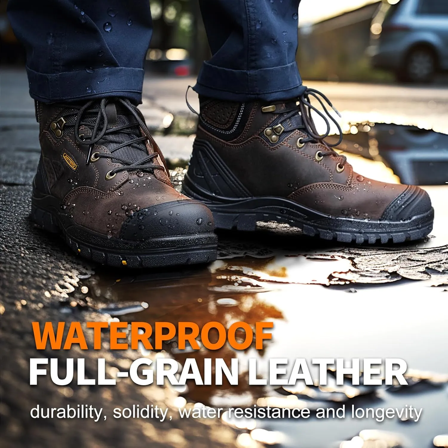 Men's Work Boots, Oiled Nubuck Leather Steel Toes Mens Work Shoes, Non Slip Lace Up Protective Shoes, 8 Inch, Anti-Static, Anti-Puncturing, Anti-Fatigue (AT505, Brown)
