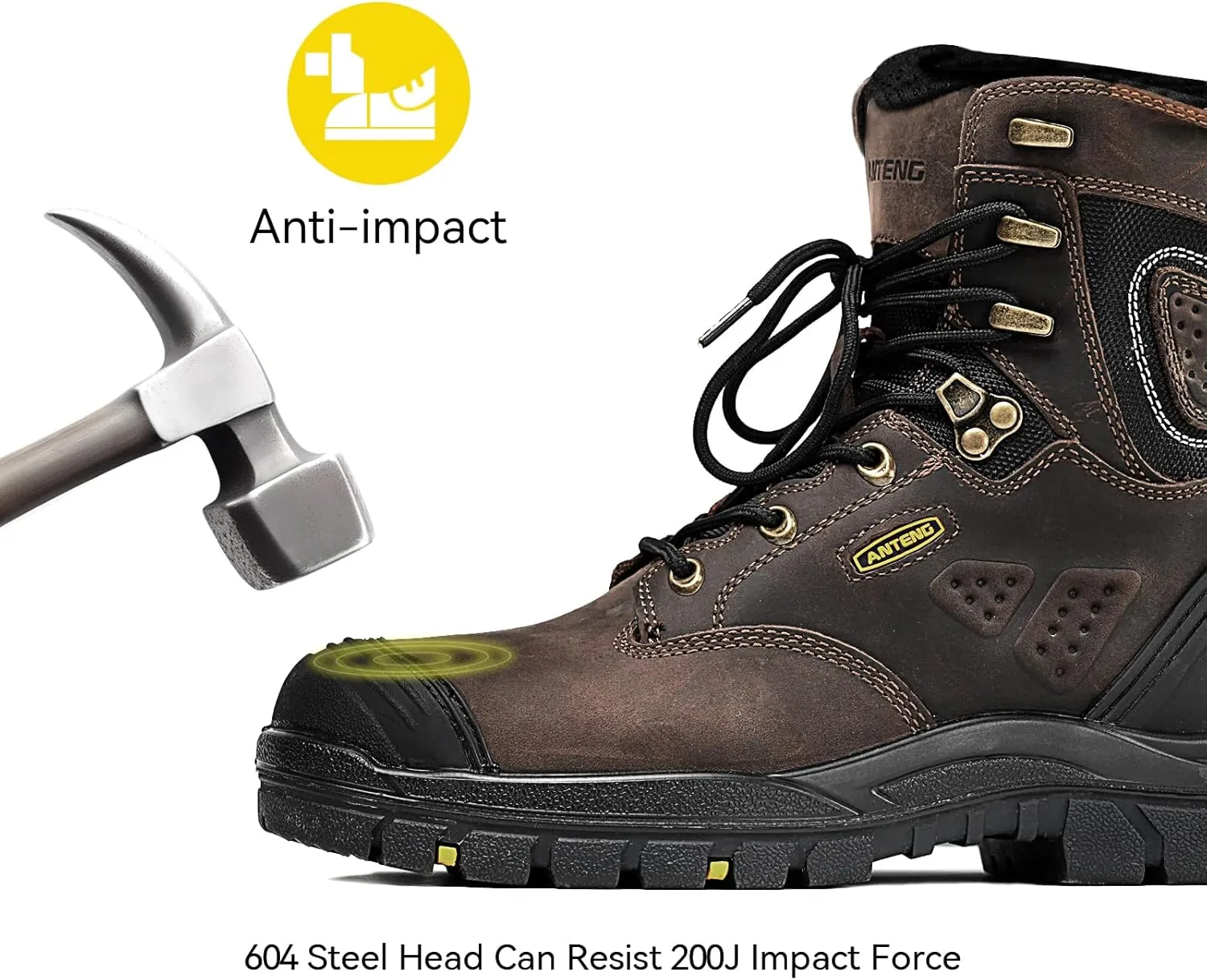 Men's Work Boots, Oiled Nubuck Leather Steel Toes Mens Work Shoes, Non Slip Lace Up Protective Shoes, 8 Inch, Anti-Static, Anti-Puncturing, Anti-Fatigue (AT505, Brown)