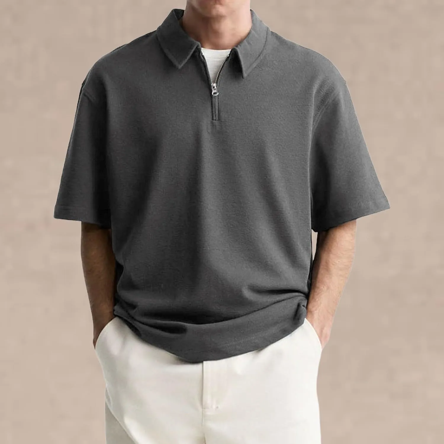 Men's Zipper Polo Shirt Casual Golf Shirt Moisture Wicking Quick-Dry Short Sleeve T Shirts Classic Fit Loose Shirts
