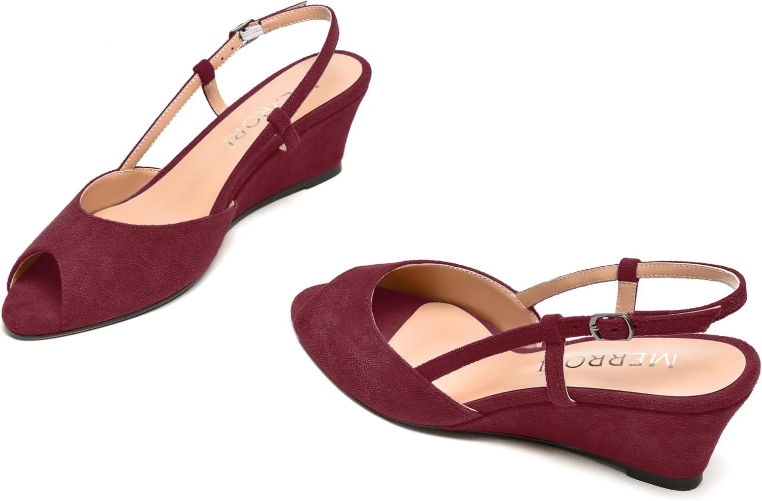 MERRORI Womens Suede Slingback Peep Toe Dating Cute Buckle Wedge Low Heel Wedges Sandals 2 Inch