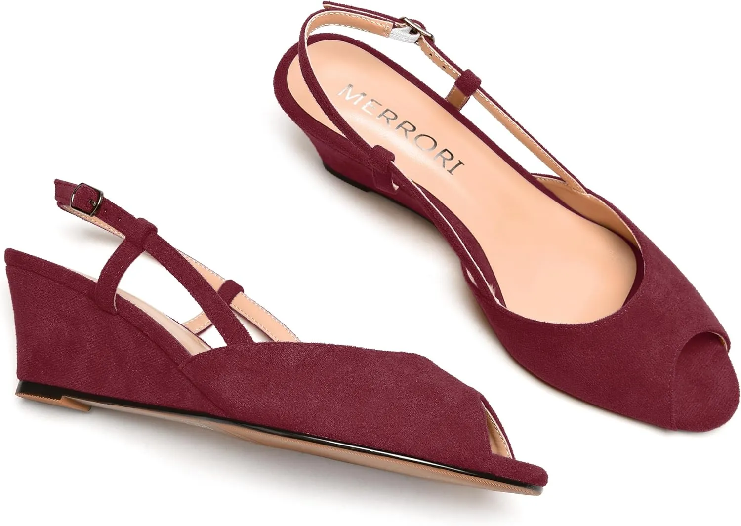 MERRORI Womens Suede Slingback Peep Toe Dating Cute Buckle Wedge Low Heel Wedges Sandals 2 Inch