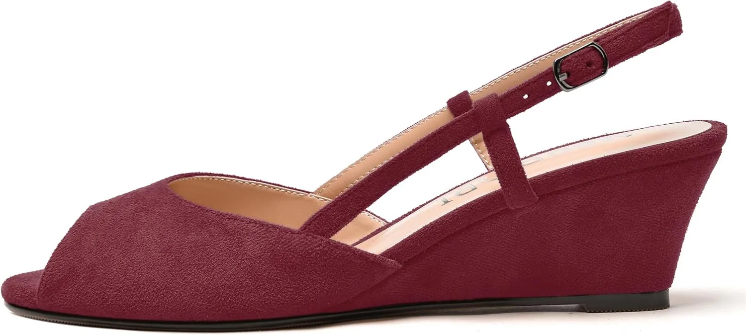 MERRORI Womens Suede Slingback Peep Toe Dating Cute Buckle Wedge Low Heel Wedges Sandals 2 Inch