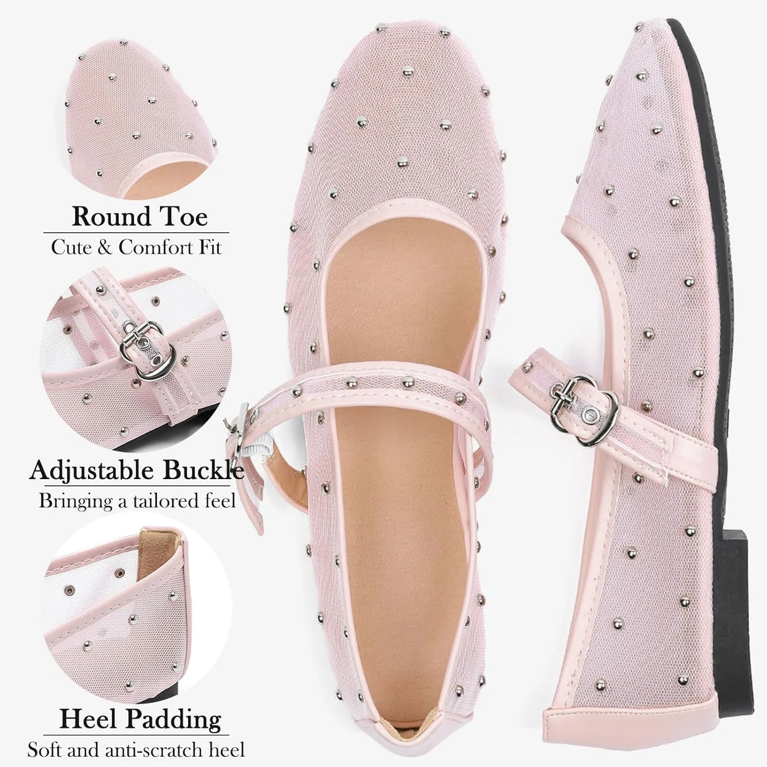 Mesh Ballet Flats Shoes for Women Comfortable Studded Mary Jane Shoes Ballerina Buckle Strap Business Office Work Dress Shoes