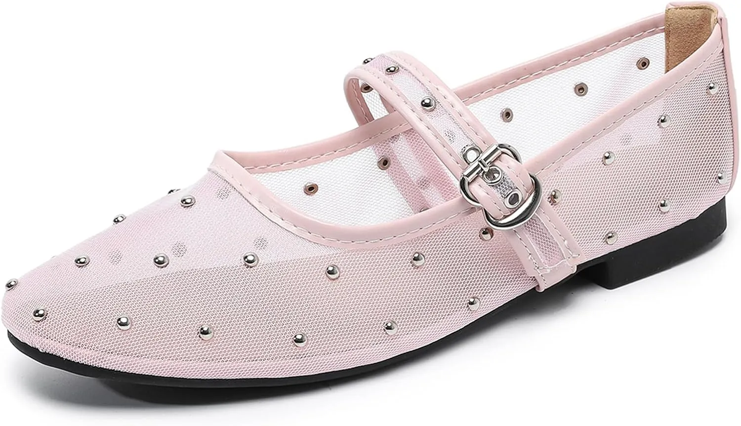 Mesh Ballet Flats Shoes for Women Comfortable Studded Mary Jane Shoes Ballerina Buckle Strap Business Office Work Dress Shoes