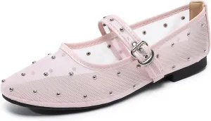 Mesh Ballet Flats Shoes for Women Comfortable Studded Mary Jane Shoes Ballerina Buckle Strap Business Office Work Dress Shoes