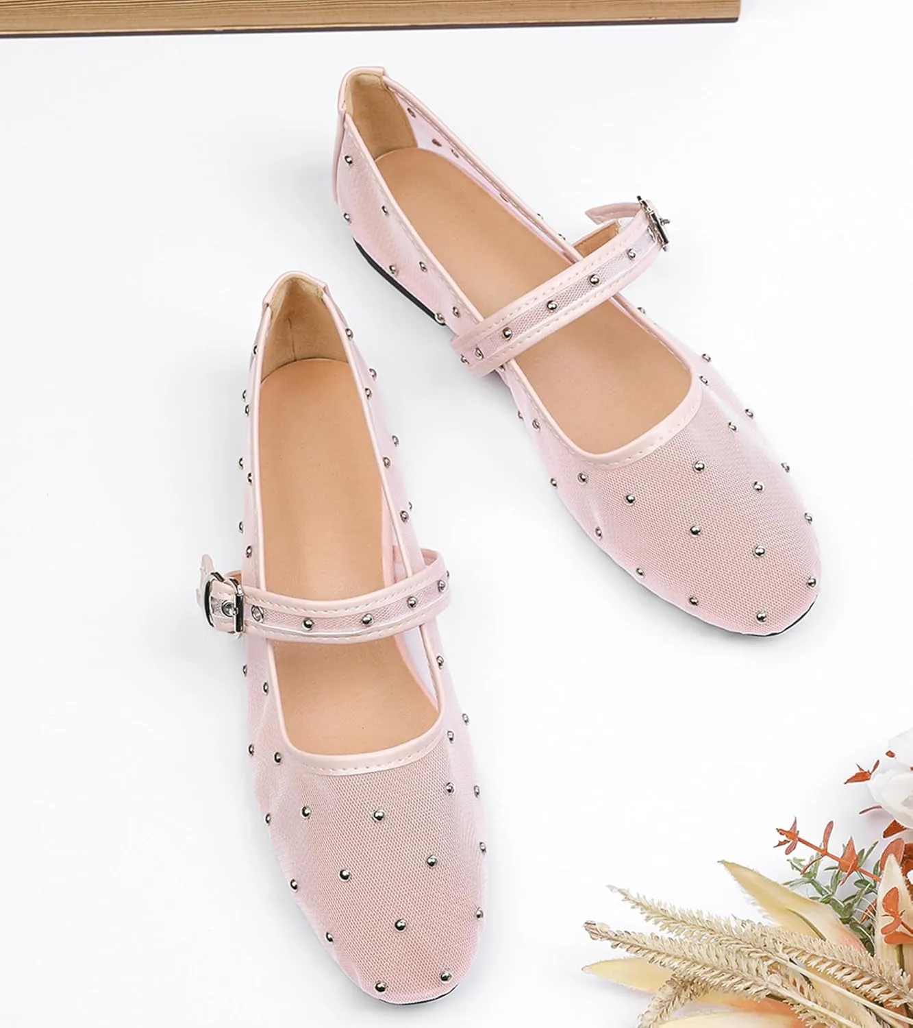 Mesh Ballet Flats Shoes for Women Comfortable Studded Mary Jane Shoes Ballerina Buckle Strap Business Office Work Dress Shoes