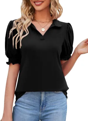 Micoson Womens Short Sleeve Polo T Shirts V Neck Casual Collared Tops Puff Sleeve Work Tunic Blouses
