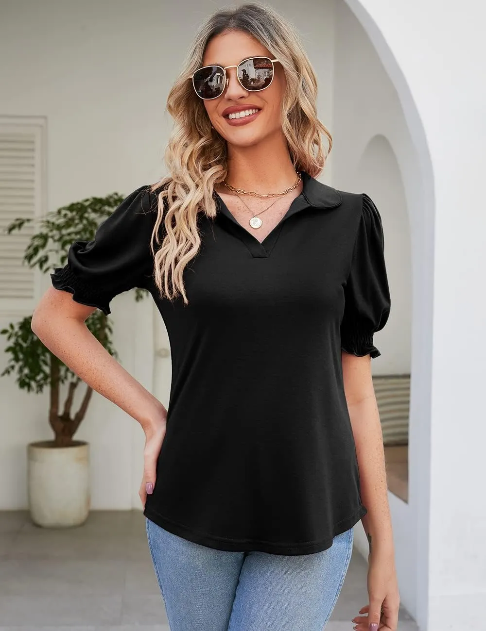 Micoson Womens Short Sleeve Polo T Shirts V Neck Casual Collared Tops Puff Sleeve Work Tunic Blouses