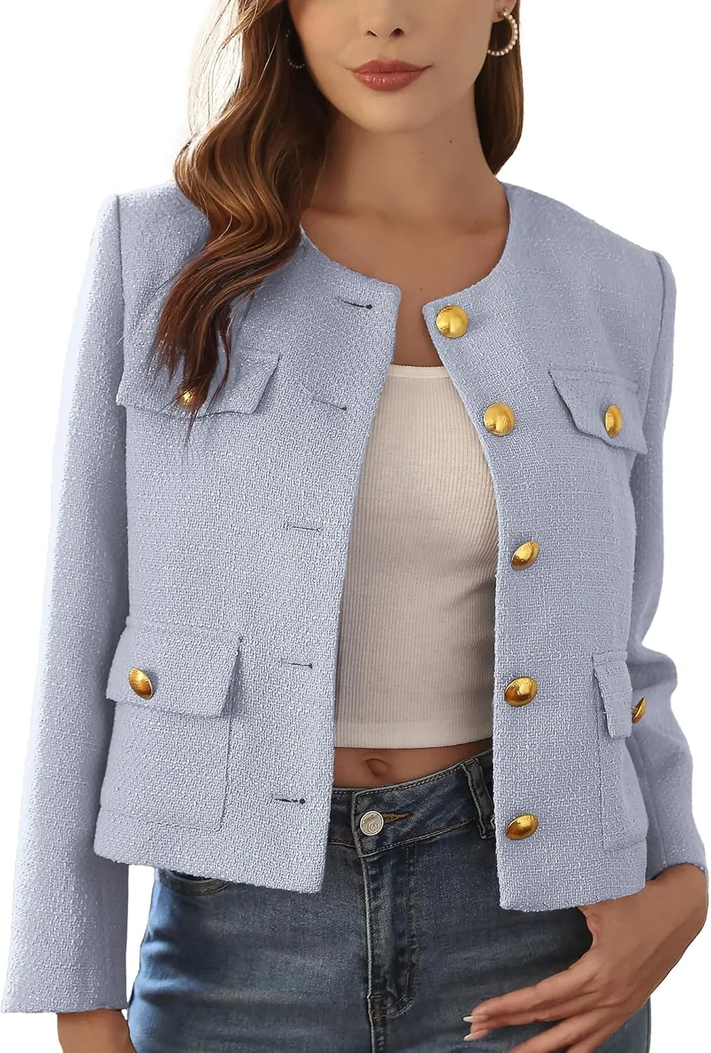 M.Infisavo 2025 Women Tweed Jacket Cropped Blazers Spring Summer Elegant Round Neck Pockets Business Casual Outfit