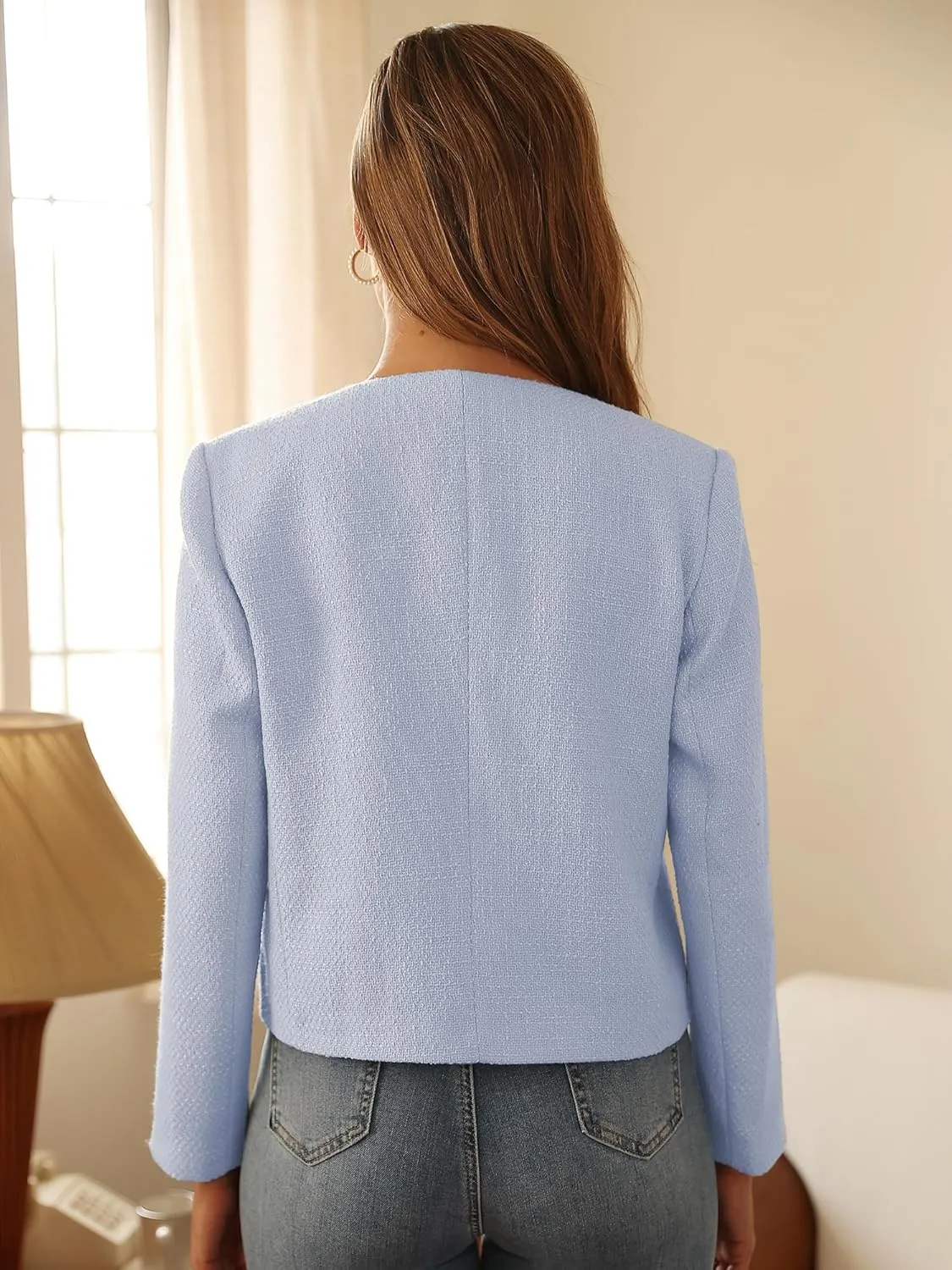 M.Infisavo 2025 Women Tweed Jacket Cropped Blazers Spring Summer Elegant Round Neck Pockets Business Casual Outfit