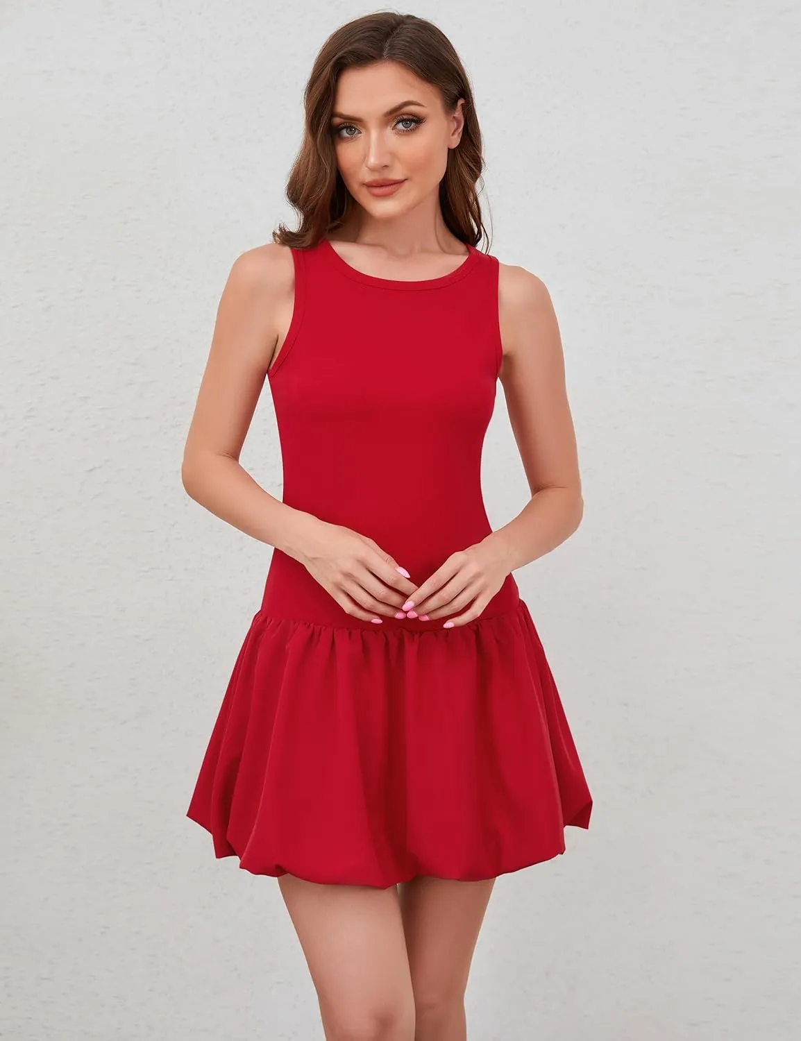 MISSACTIVER Women Summer Bubble Tank Dresses Sleeveless Slim Fit Cute Mini Short Dress Crew Neck Bodycon Party Club Dresses