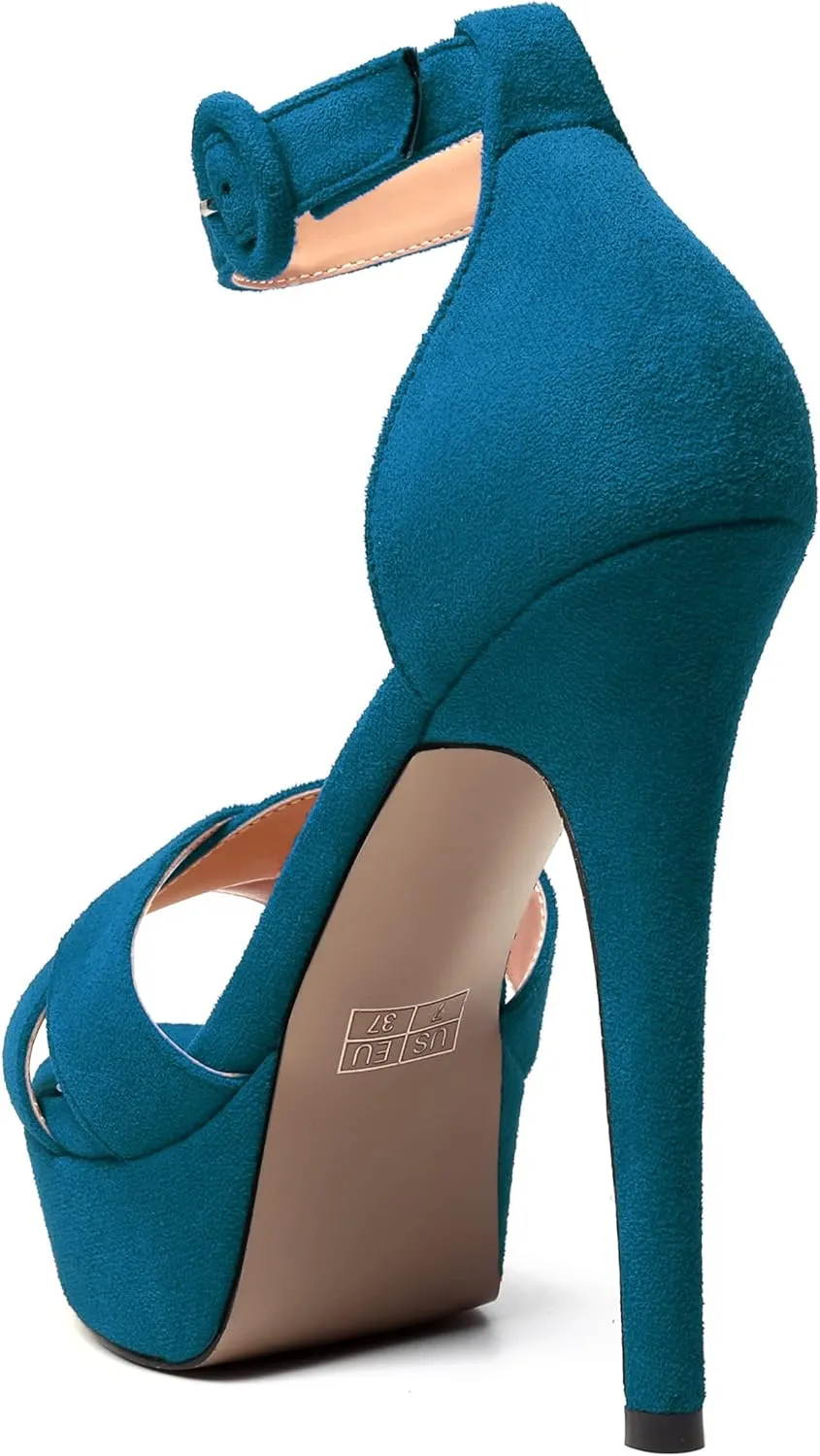 MODENCOCO Womens Night Club Party Wedding Suede Ankle Strap Open Toe Platform Sexy Stiletto High Heel Dressy Sandals 5 Inch