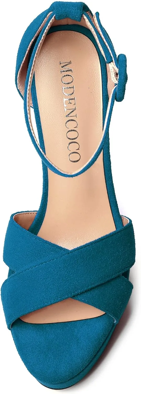 MODENCOCO Womens Night Club Party Wedding Suede Ankle Strap Open Toe Platform Sexy Stiletto High Heel Dressy Sandals 5 Inch