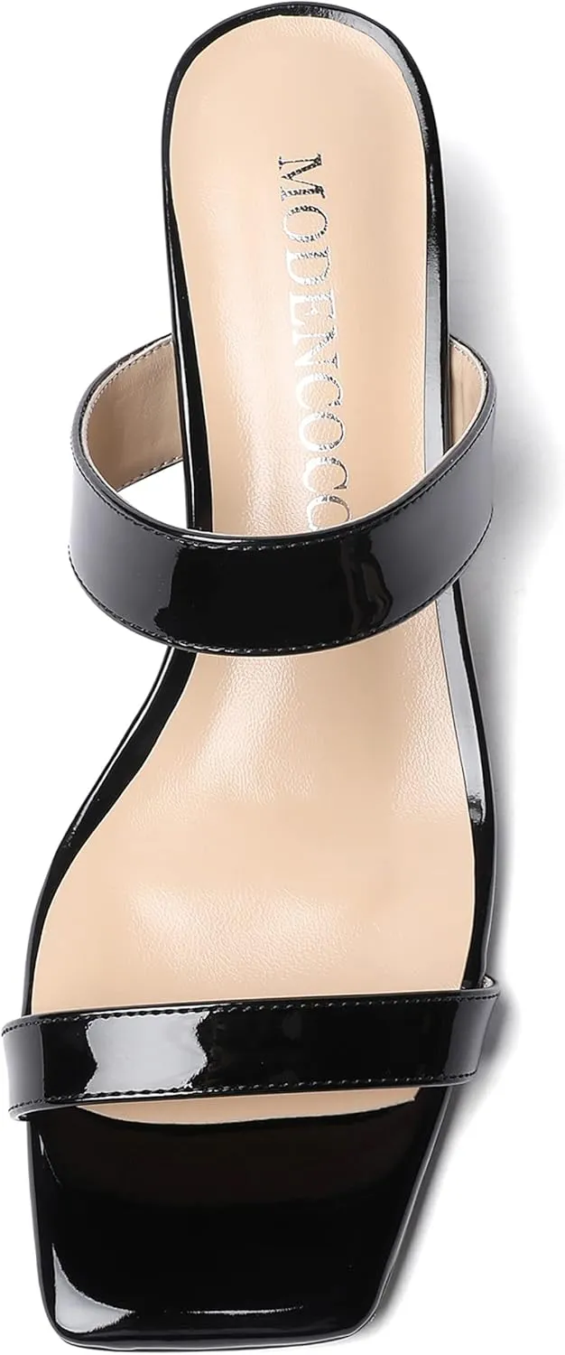 MODENCOCO Women's Open Toe Casual Dating Slip On Patent Square Toe Chunky Low Heel Sandals 2 Inch